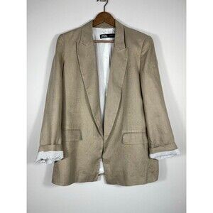 Zara Women’s Beige Linen Blazer Size Large – Relaxed Fit, Made in Morocco